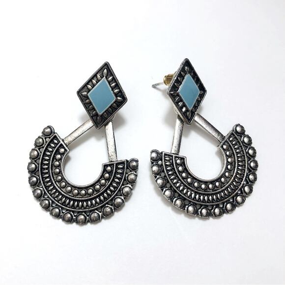 Silver Tone Blue Stone Bohemian Boho Aztec Sunflower Drop Dangle Post Earrings - Picture 1 of 4